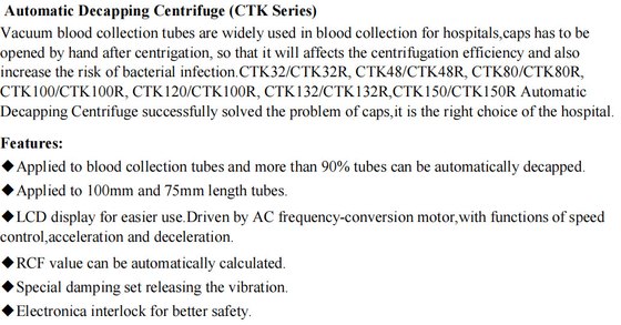 4000rpm เครื่องหมุนเหวี่ยงความเร็วต่ำ CTK64R สำหรับ Vacutainer 64 13x75mm / 100mm Blood Tubes